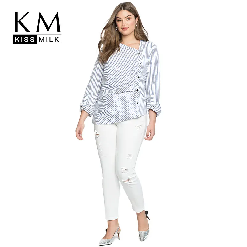 

Kissmilk Plus Size Sunmer Tops For Office Lady 2018 V-neck Striped Woman Blouse Asymmetric Casualbottom Shirt New Arrive