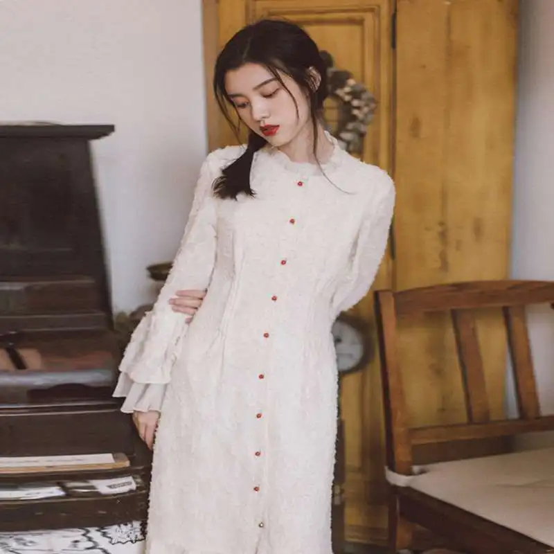Automne Longue Féminine Dames Douille Femmes V531 Fusée Mousseline Maxi Solide Robe De Vintage Élégante Broderie Soie En Robes Hiver Mince pqwnqzO7d