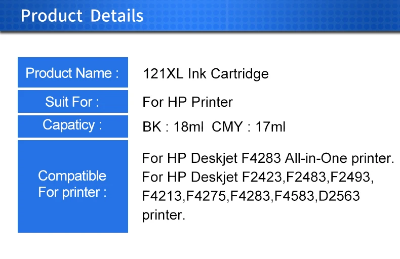 INKARENA 121 XL Замена чернильного картриджа для hp 121 Совместимость для hp 121 Deskjet F2483 F2423 F4213 F4283 F4583 принтер