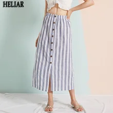 HELIAR Повседневная Вертикальная полосатая длинная синяя юбка для женщин льняная пуговица Женская раздельная прямая юбка женская нижняя винтажная юбка