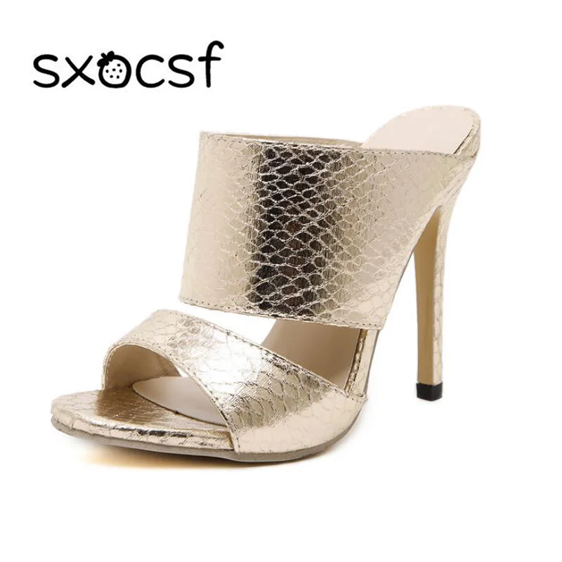 

New Summer Style Ladies Sexy High Heels Slides Open Toe Solid Color Pu Thin Pumps Stilettos Female Fashion Concise Party Shoes