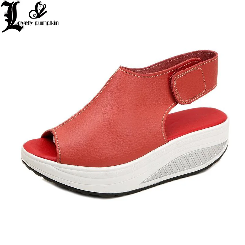 

2021 SUMMER WOMEN SANDALS SHAKING SHOES GENUINE LEATHER THICK CELCRO SLOPE FISH HEAD WOMEN SANDALS SHOES L126