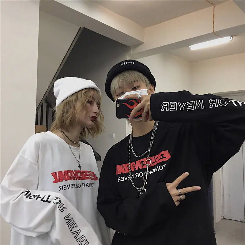 Goede Mode 2019 Brief Print Japan Harajuku Zwart Wit Hip Hop Tshirt Streetwear Mannen Vrouwen Paar Lange Mouwen Losse T shirt grappig