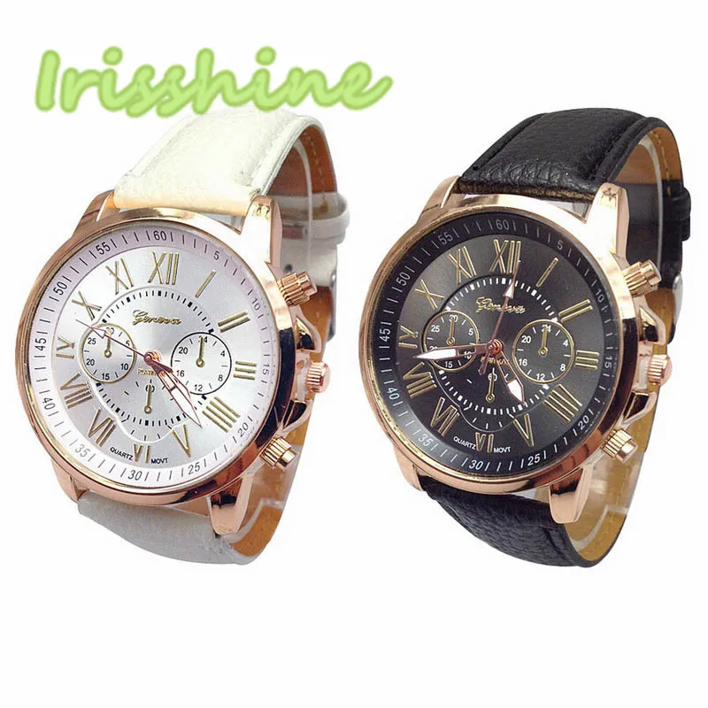 

Irisshine i0444 Fashion Unisex Couple watch Black White Women and men Roman Numerals Faux Leather Analog Quartz Watch love gift
