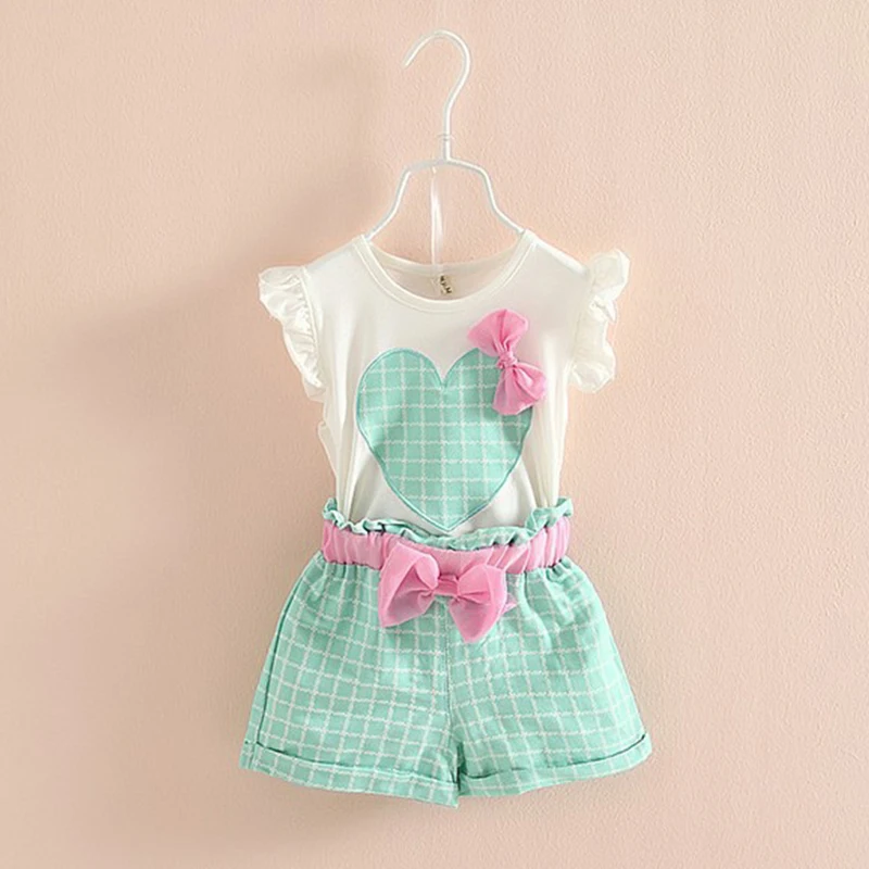 

Pink Bow Belt Child Summer Cotton Sleeveless Tops T-shirt Shorts Girl Clothing Outfits 2Pcs Kids Children Baby Girls Clothes Set
