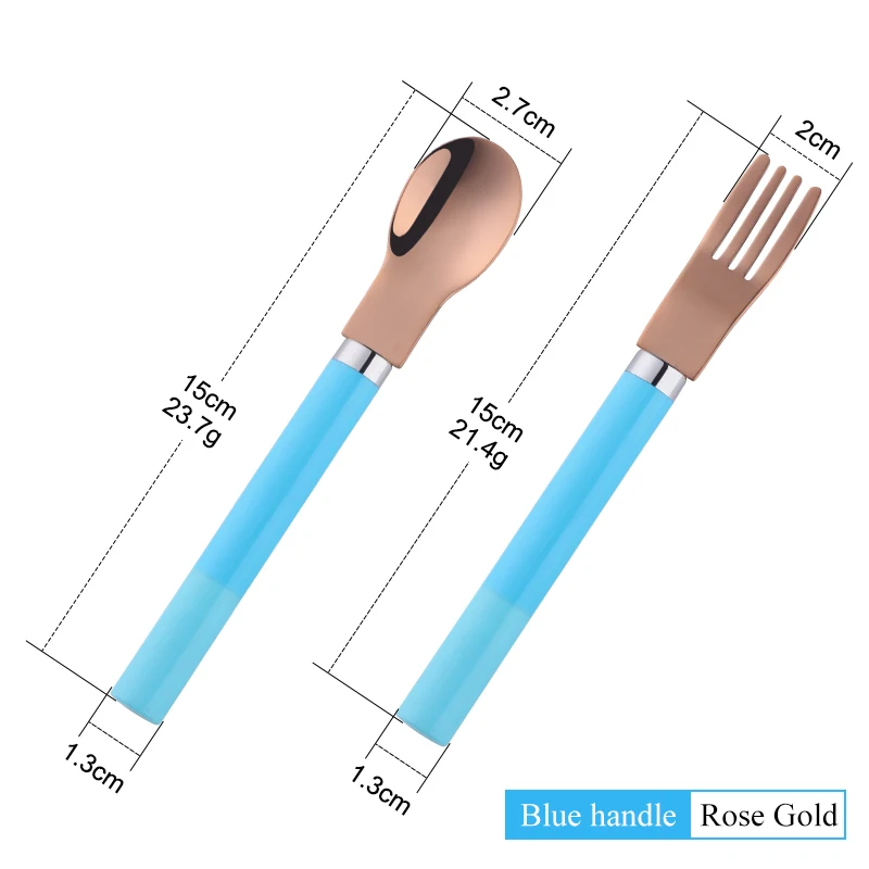 Детский набор ложек и вилок 2 шт. детская посуда креативные портативные серебряные столовые приборы PP ложки с ручкой набор вилок Детские Обучающие инструменты - Цвет: Blue-rose gold 1 set