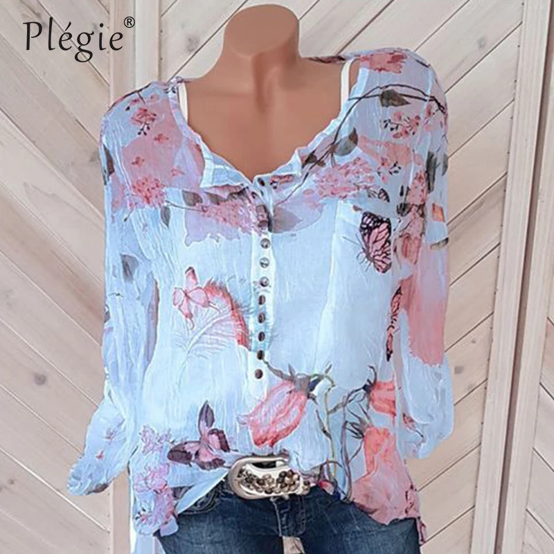 Plegie Цветочный принт блузка Для женщин 5XL размера плюс Summet Топ с длинным рукавом