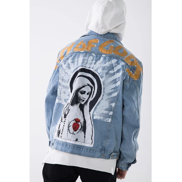 Bebovizi Brand Vintage Virgin Mary Painting Print Jeans Jackets Hip Hop Streetwear Loose Washed Denim Jacket Coat Men Women 1