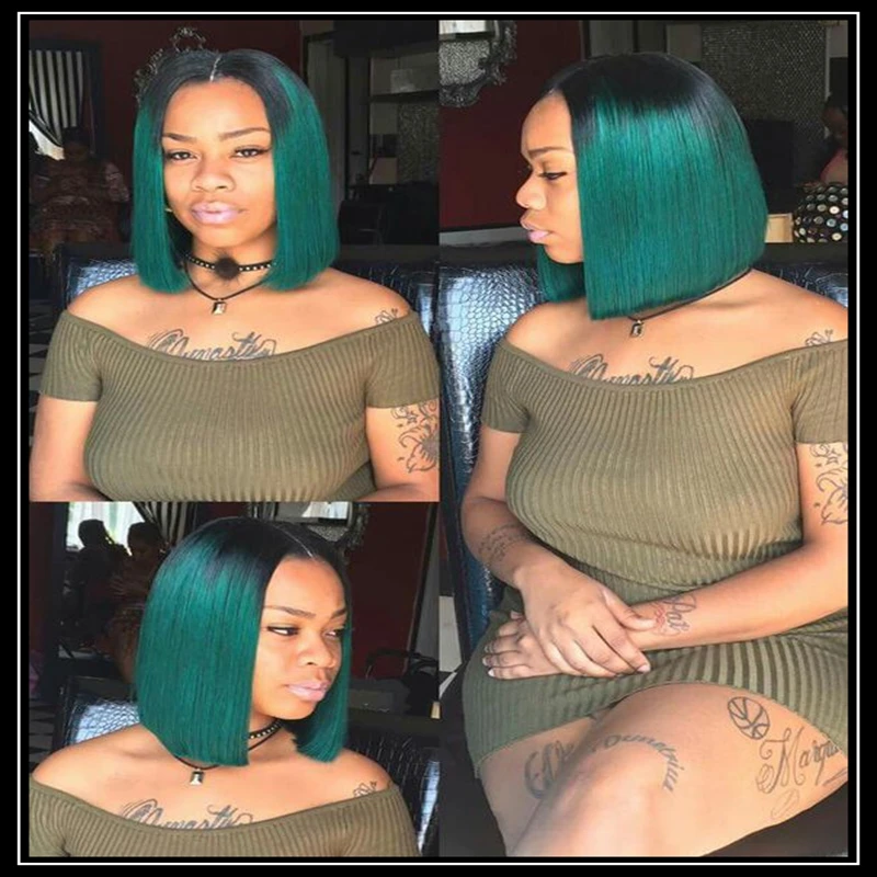 

1BTBD black to dark green turquoise teal Synthetic Lace Front Wig Glueless Ombre Tone Color Short Bob Hair Wigs Heat Resistant