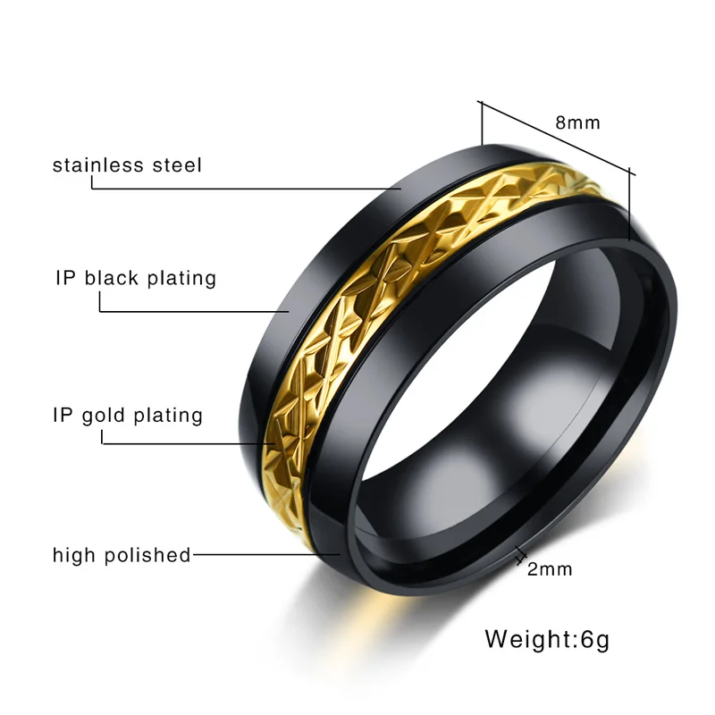 Meaeguet Personalized Black Faceted Cut Geometric Rings For Men Stainless Steel Wedding Bands Jewelry Anel 8MM Wide