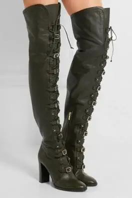 

2017 Hot Selling New Fashion Women Genuine Leather Black Brown Lace Up Buckles Rough Heel Over Knee Thigh High Long Boots 42