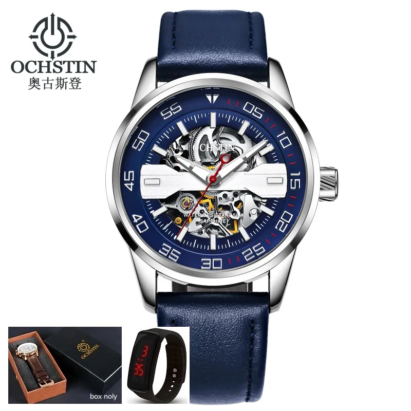 Лидирующий бренд, швейцарские ochстин, спортивные Дизайнерские мужские часы, бизнес класса, роскошные часы Montre Homme, Мужские автоматические часы со скелетом - Цвет: SILVER BLUE PLUS