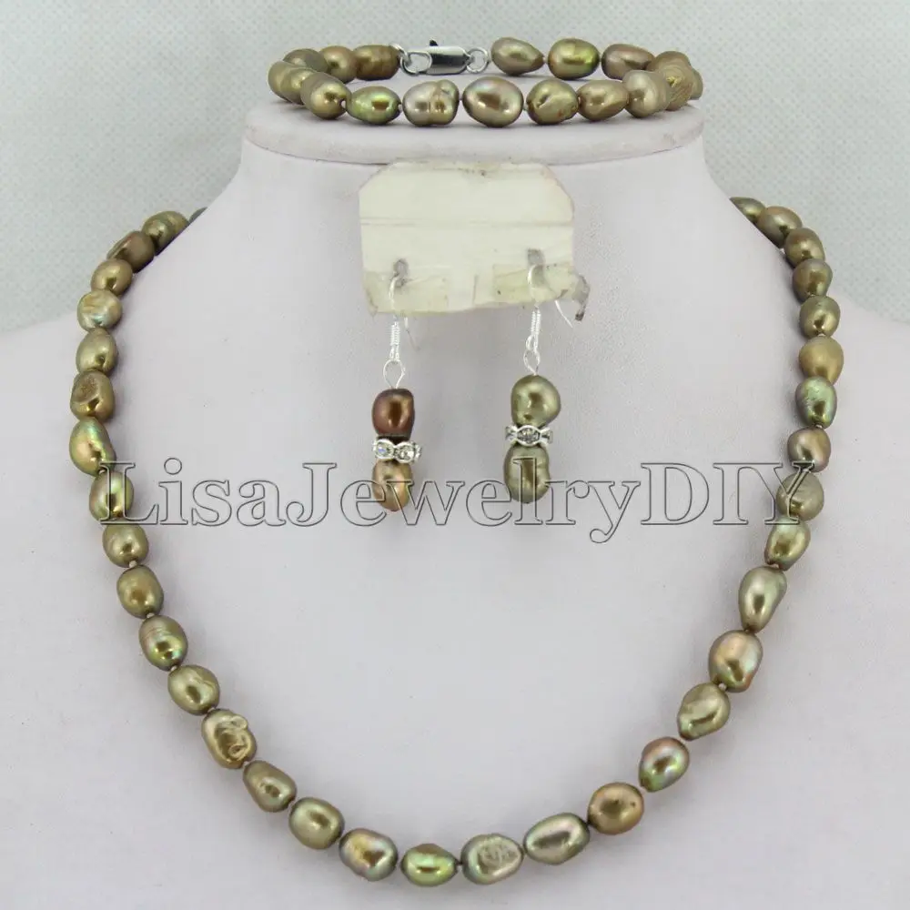 

Champagne 8-9mm Nature Freshwater Pearl Beads Jewelry Set Fashion Party Wedding Bridal Jewelry HD5151