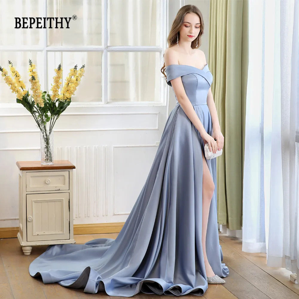 

2019 BEPEITHY Abiye Long Tail Dress Off The Shoulder Evening Dress Party Elegant Robe De Soiree Sexy Prom Dresses High Slit