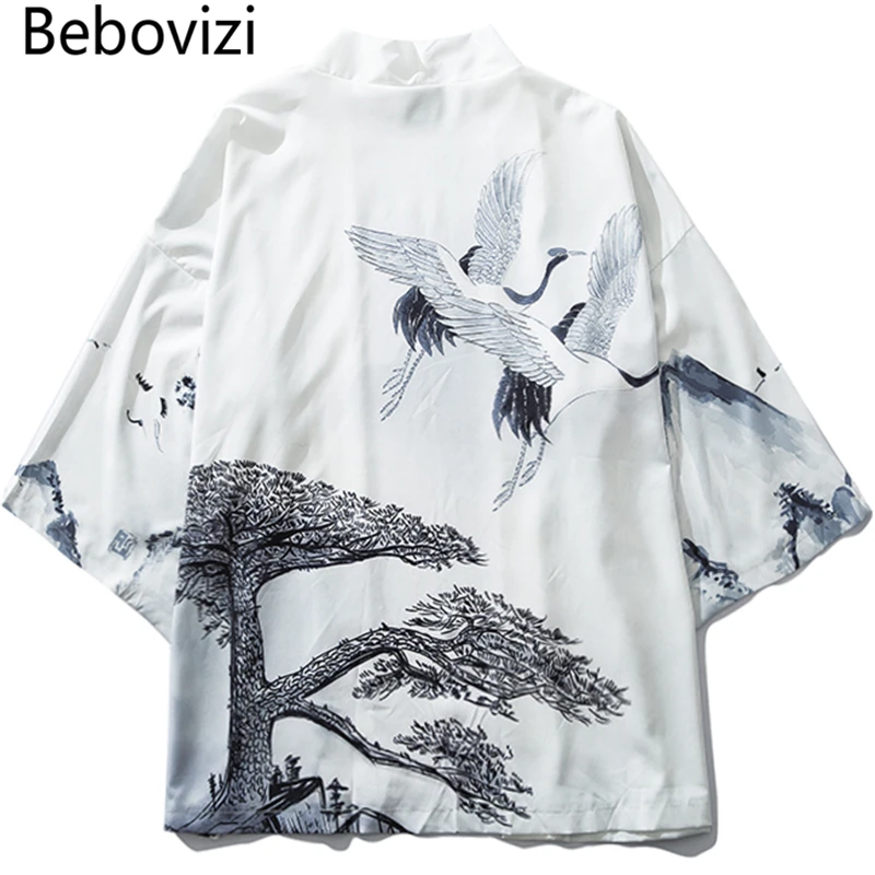 

Bebovizi 2019 Summer Japanese Crane Kimono Jackets Mens Harajuku Streetwear Chinese Style Jacket Coat Hip Hop Thin White Robe