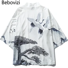 Bebovizi 2019 Summer Japanese Crane Kimono Jackets Mens Harajuku Streetwear Chinese Style Jacket Coat Hip Hop Thin White Robe