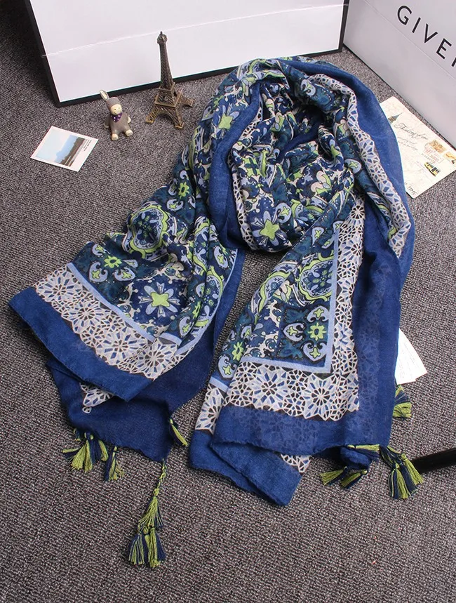 2016 новое поступление тотем печати шарф красивый Винтаж шарф голубой цветок Богемный stle Обёрточная бумага платки хиджаб бесплатная