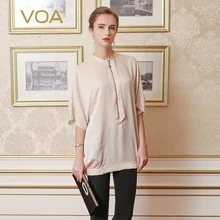 VOA/Новинка года; летняя футболка с коротким рукавом и полуоткрытым воротником из чистого шелка женские свободные эластичные топы с асимметричным верхом B6672