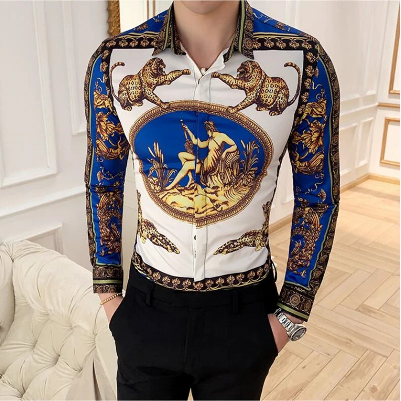 Print Shirts New Baroque Slim Fit punk style Party Club Shirt Men Camisa Homem Male Long Sleeve Shirt Oversize S-4XL