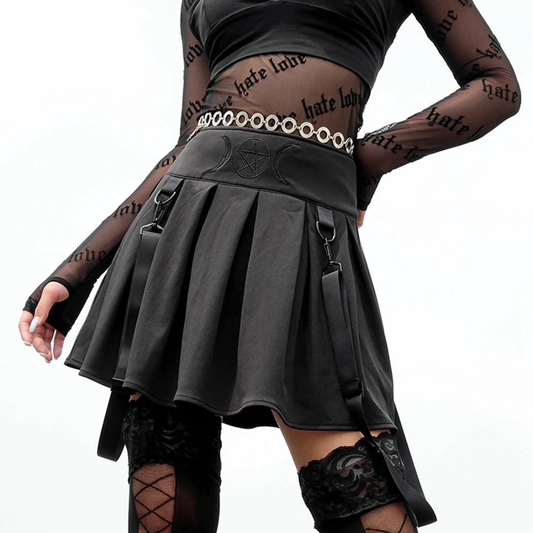Панк Готическая Женская юбка Harajuku Высокая талия с поясом мини юбки Летняя плиссированная юбка на молнии рок женская уличная одежда для девочек Jupe Femme