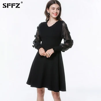

SFFZ Fashion Black Women Sweaters Pullovers Long Sleeve Pullover Jumper Woman O-Neck Sweater Dress Knitted Female Soft Dresses