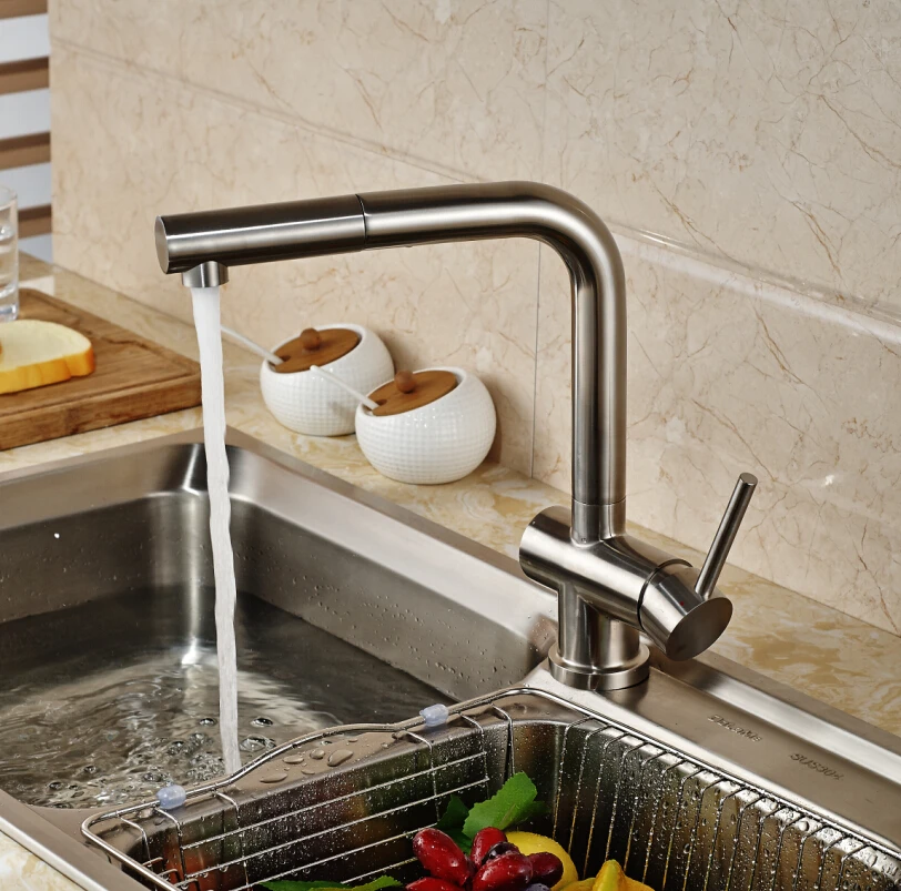 

Good Quality Pull Out Long Spout Kitchen Sink Faucet Deck Mount Single Lever Rotation Hot Cold Water Mixer Taps