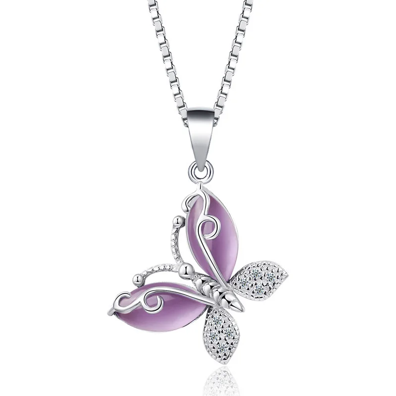 Butterfly Jewellry 925 Sterling Silver Crystals Butterfly Pendant Necklace for Women Engagement Fine Jewelry Choker - Цвет камня: purple