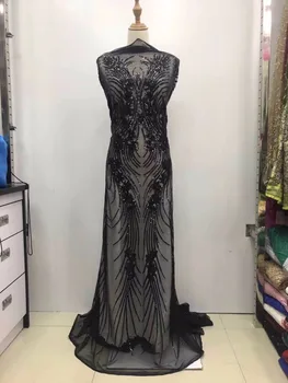 

High Quality Black Sequins Mesh Lace Fabric African Nigerian Embroidered Sequined Guipure Tulle Net Laces For Lady Dress CE-002