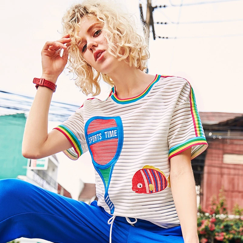 

Women Summer Hollow Out Striped T-Shirt Female Fashion Cartoon Embroidery Short Sleeve O-Neck Tees Loose Plus Size Tshirts Y688