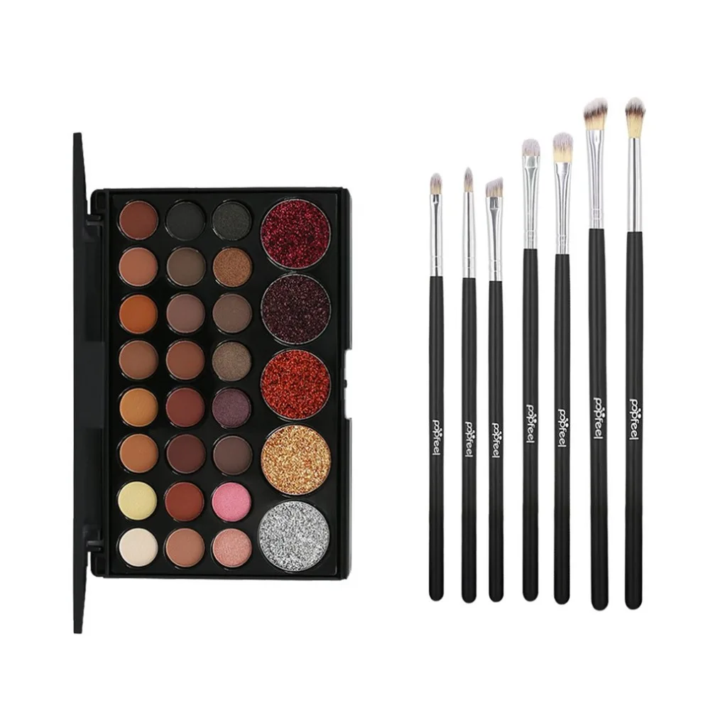 

29 Colors/SET Women Eye Makeup Eyeshadow Pallete Mixed Color Bling Glitter Design Eye Shadow + 7PCS Soft Hair Brushes