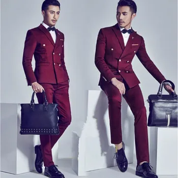 

2018 Burgundy Double Breasted Groom Tuxedo Fashion Mens Wedding Prom Party Suits Italian Style Gentleman men Suit (jacket+pants)