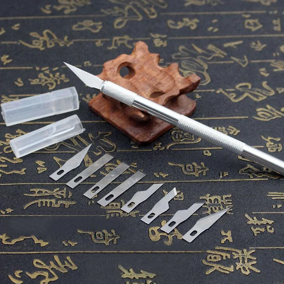 9pcs Metal Handle Scalpel, Blade Knife Wood Paper Cutter Craft Pen
