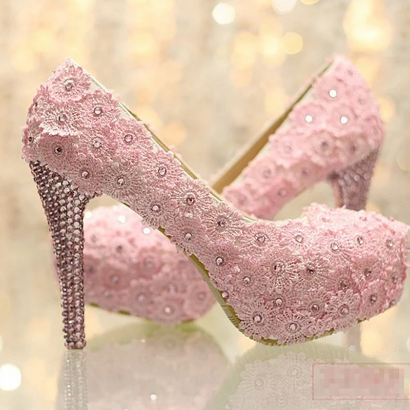 Newest Elegant Sweetness Pink Lace Bridal Shoes Super High Heel