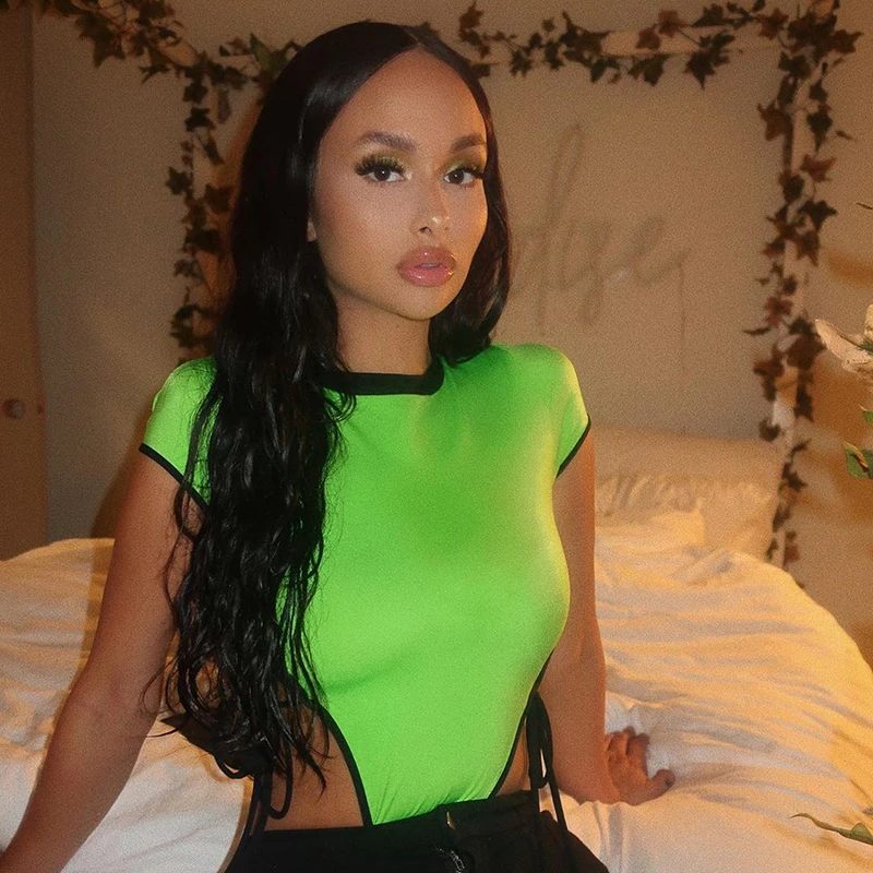

Women Neon Green Short Sleeve Bodysuit Femme Hollow Tie Lace Up Bandage High Cut Body Suit Sexy Body Summer Streetwear Rompers