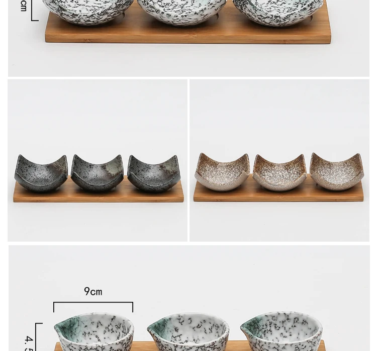 Креативное керамическое маленькое блюдо с бамбуковым поддоном, японский стиль, сухофрукты, закуски, закуски, блюдо, набор из 3 предметов, соус, соус, блюдо