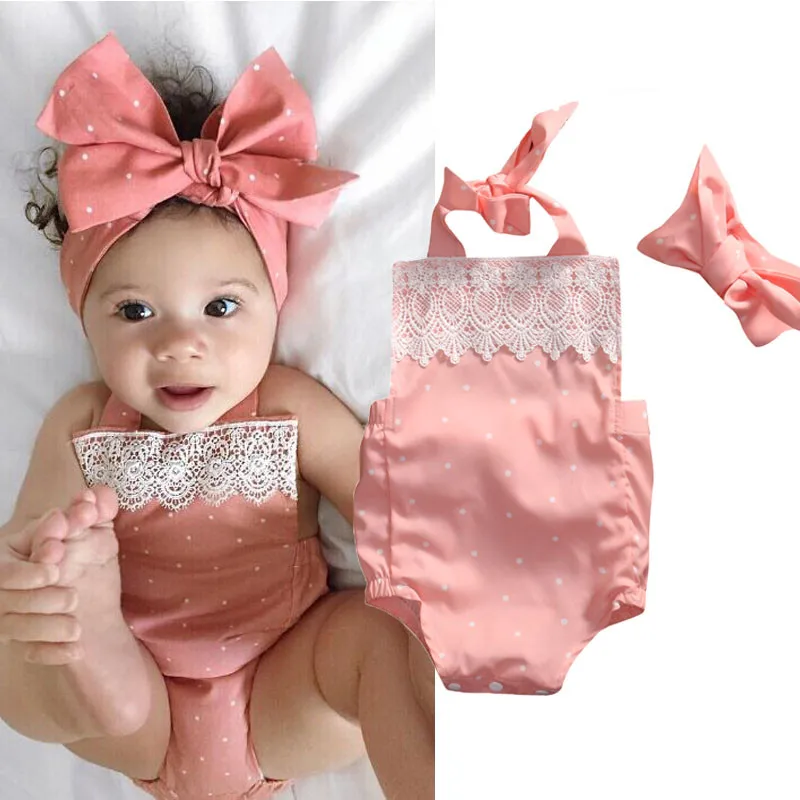 2017 novorozence baby girl oblečení letní růžová krajka Romper Backless Halter kombinéza + čelenka 2ks oblečení Sunsuit Set  t
