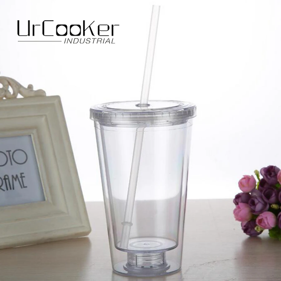 16oz dishwasher safe clear PS AS plastic detachable double wall straw