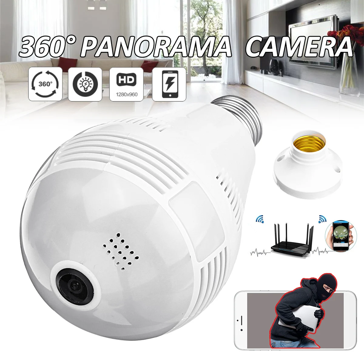

2.0MP 960P Smart Bulb Remote Cam Wifi Wireless IP Panoramic Camera 360 Degree Night Vision Home Shop Security Fisheye Bulb Lamp