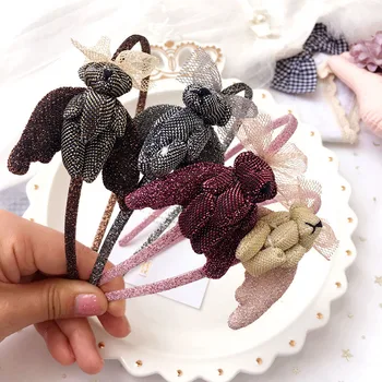 

Lovely Angel Wings Bear Hair Accessories Ribbon Yarn Bows Girls Hairband Cartoon Glitter Head Hoop Crown for Kids Hair Ornaments