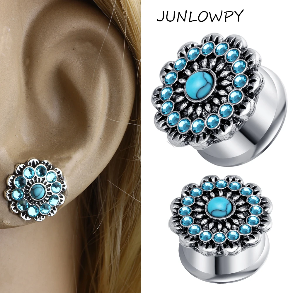 JUNLOWPY Crystal Plugs And Tunnels Silver Stainless Steel Expander
