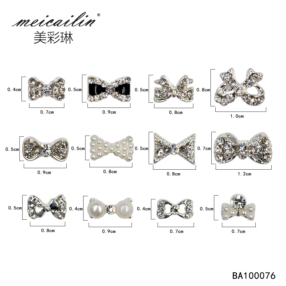 Meicailin 12 шт прозрачный арт для ногтей жемчужный бант 3D сплав AB гвозди Стразы галстук-бабочка украшения ногтей аксессуары поставки 1 колесо