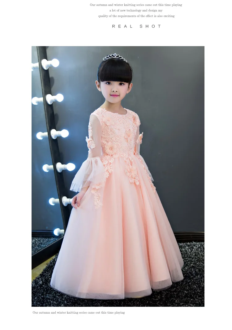 Элегантное милое розовое Сетчатое платье с длинными рукавами и аппликацией в виде цветка для девочек детское платье для дня рождения, выпускного, первого причастия