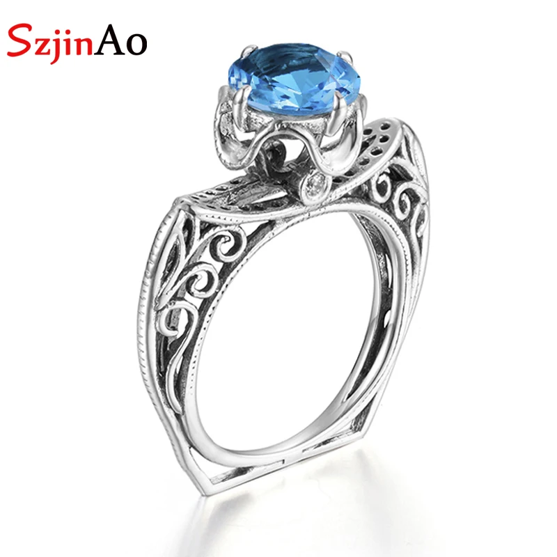 

Szjinao 100% 925 sterling silver Blue topaz ring October birthstone jewelery gemstone rings Brand Fine Jewelry for women