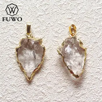

FUWO Nature Clear Quartz Arrowhead Pendant With 24K Gold Color Plated Edge Fashion Charm Spiritual Jewelry For DIY Making PD168