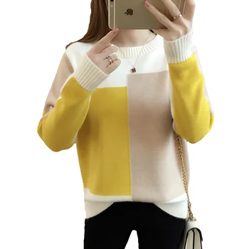 

2018 New Loose Autumn Winter Cashmere Sweater O-Neck Patchwork Thick Warm Casual Sweater Pullover Knitted Women Sweater LJ0400