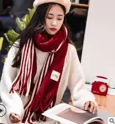 stripe wine red Зимний кашемировый шарф с кисточками, женские полосатые Лоскутные плотные теплые мягкие длинные шарфы, женские вязаные шали, шерстяной шарф - Цвет: stripe wine red