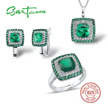 SANTUZZA Silver Jewelry Sets for Women Natural Green Stones White CZ Ring Earrings Pendant Set 925 Sterling Silver Jewelry - Category 🛒 Jewelry & Accessories