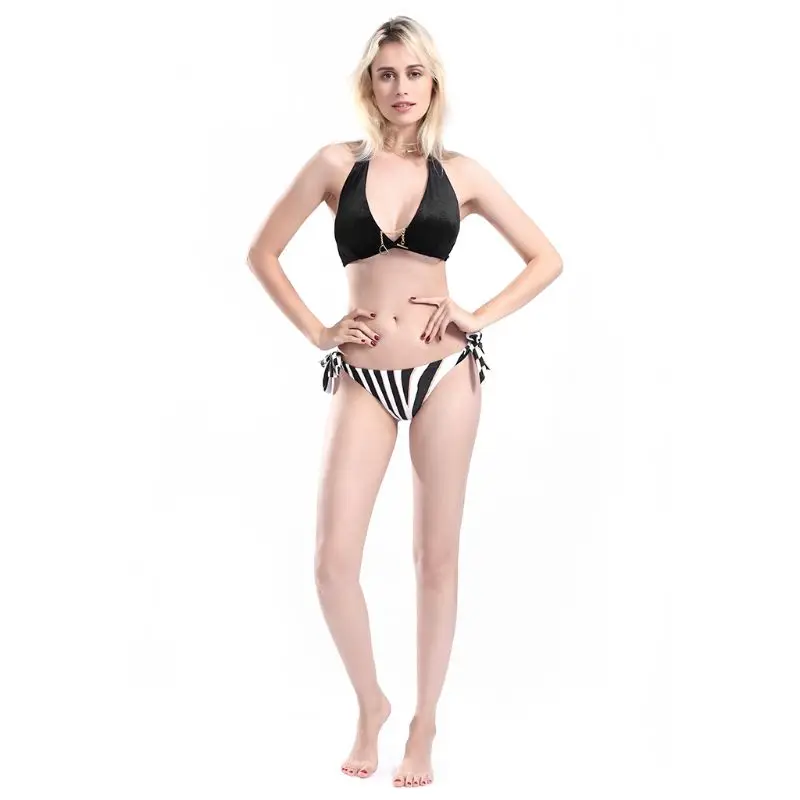 

Women Sexy Two Piece Bikini Set Halter Deep V-Neck Bra Low Waist Bowknot Tie Side Thong Contrast Color Zebra-Stripes Printed Met