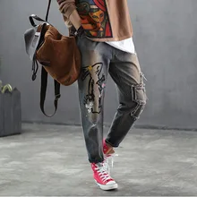 Весенне-летние женские джинсы в стиле ретро, свободные джинсовые штаны с эластичной резинкой на талии, новые винтажные повседневные штаны с вышивкой и карманами