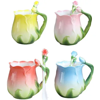 

New 3D Rose Colored Enamel Coffee Cup Mug European Ceramic Bone China Drinkware With Spoon Creative Friend Gift